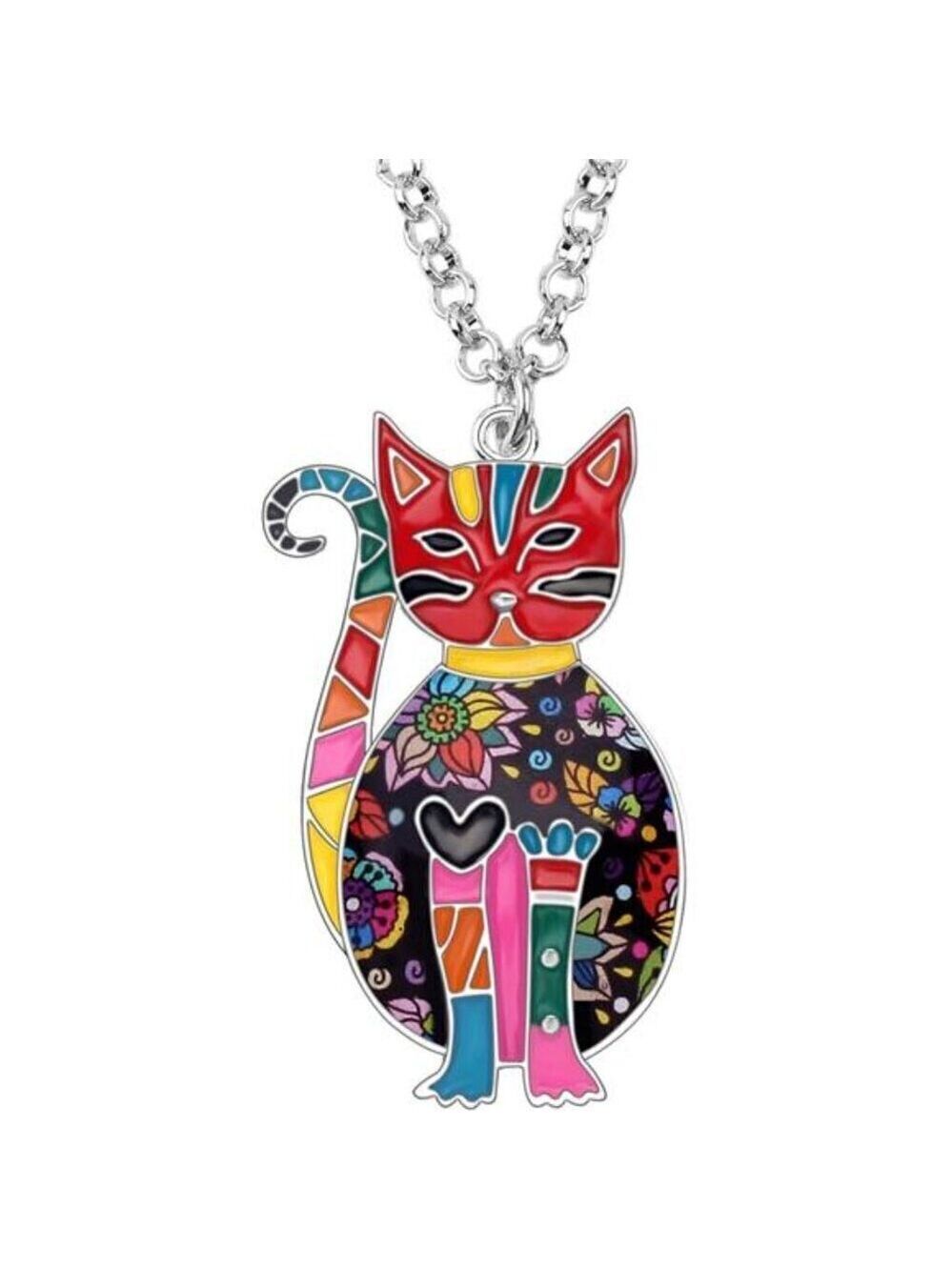 Floral Cat Pendant Necklace Enamel Kitten Jewelry Cute Gift for Cat Lovers Women